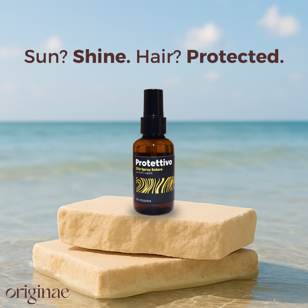 Flacone spray ambrato di Olio Spray Solare Protettivo per capelli danneggiati, secchi e colorati, formulato con olio di jojoba. Ammorbidisce e illumina i capelli senza appesantire, offrendo protezione UV. Ideale per la cura dei capelli naturale.